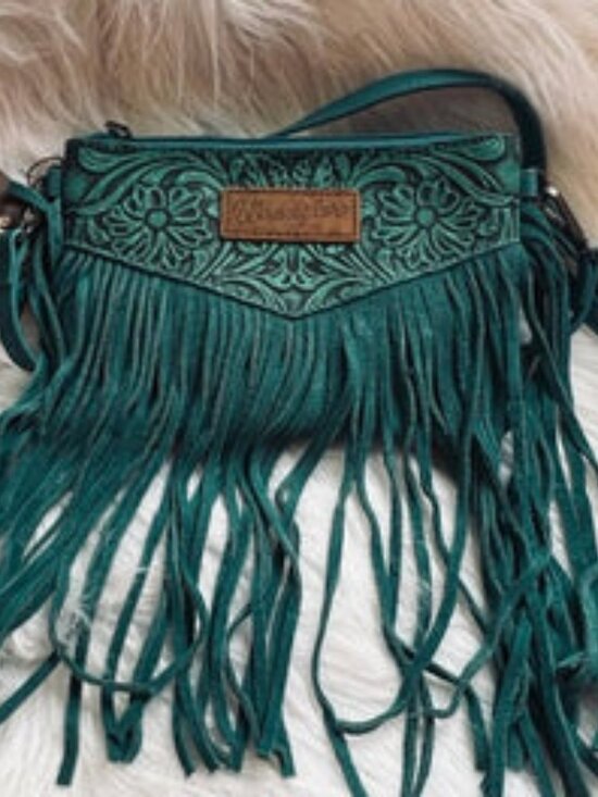 Wrangler Handbags - Turquoise Wrangler Crossbody bag features vintage floral tooling and authentic